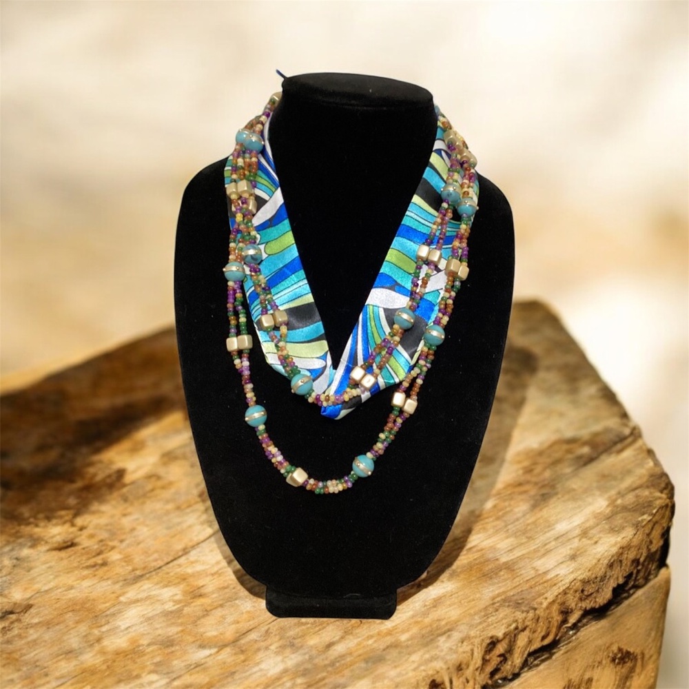 (#111) Vibrant Multicolor Beaded Necklace with Blue and Gold Accents